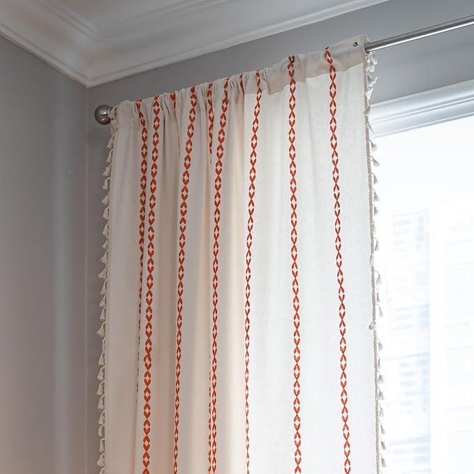 Deeprove Rust Orange Boho Curtains 72 inches Length for Living Room Bedroom Nursery, Vintage Chic Bohemian 72 inches Long Embroidery Farmhouse Tassel Privacy Window Treatments W52 x L72, 1 Panel