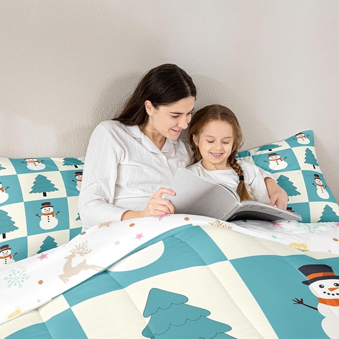 Feelyou Merry Christmas Comforter Set All Season Snowman Bedding Set with 1 Pillow Cases Xmas Tree Microfiber Kids Toddler Bedclothes Bedroom Decor Duvet Quilt Breathable Soft Lightweight