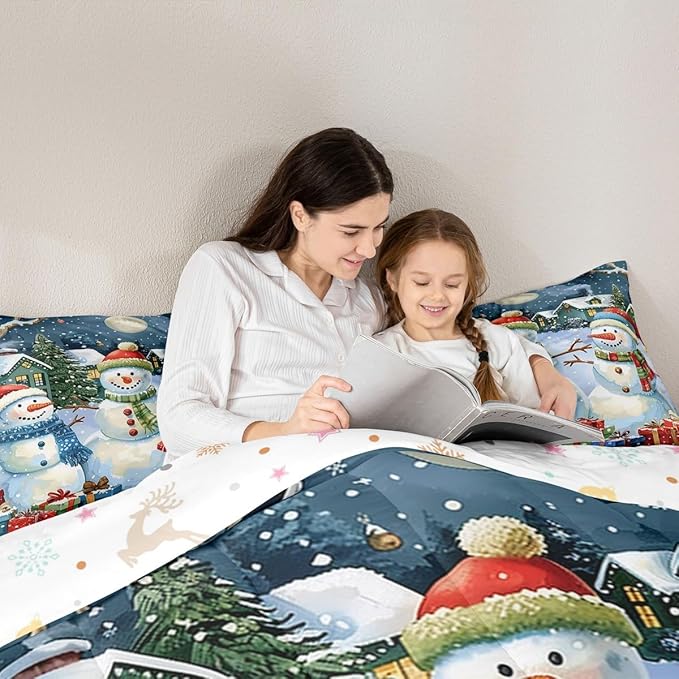 jejeloiu Kids Snowman Comforter Set Twin Size Countryside Christmas Theme Bedding Set for Boys Girls Teens Xmas Tree Snowflake Winter Happy New Year Duvet Quilt Room Decor