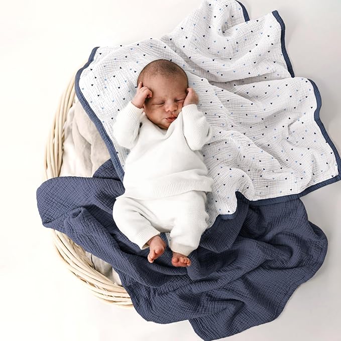 lulumoon Baby Blanket for Boys Newborns: Lightweight Cotton Swaddle for Receiving - Ideal Stroller Blanket for Travel & Baby Shower 36"x40"(Blue)