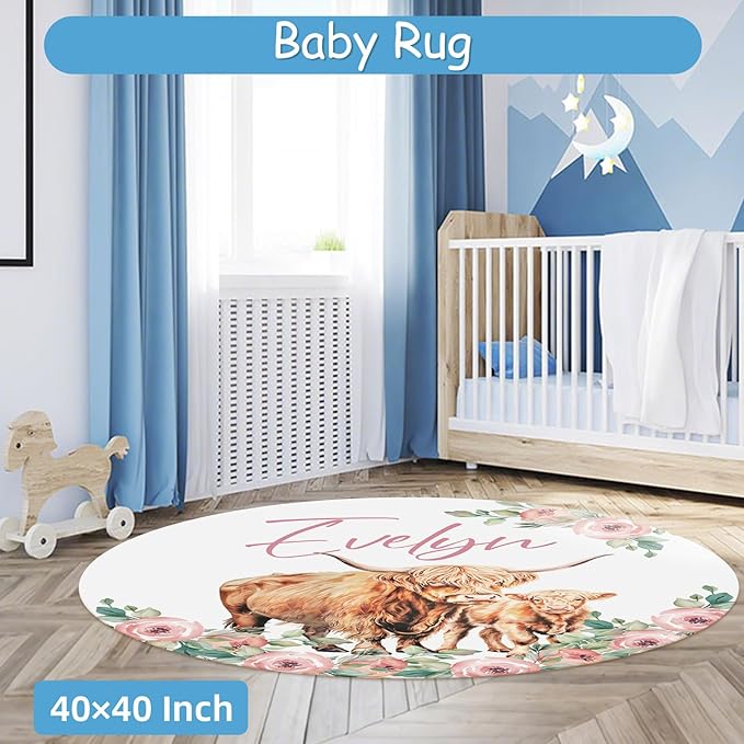 Custom Baby Crib Bedding Set, 5 Pcs Personalized Name Highland Cow Print Baby Crib Set, Double Layer Nursery Bedding Set for Baby Girls Boys, Ideal Gifts for Infant Toddler New Parents