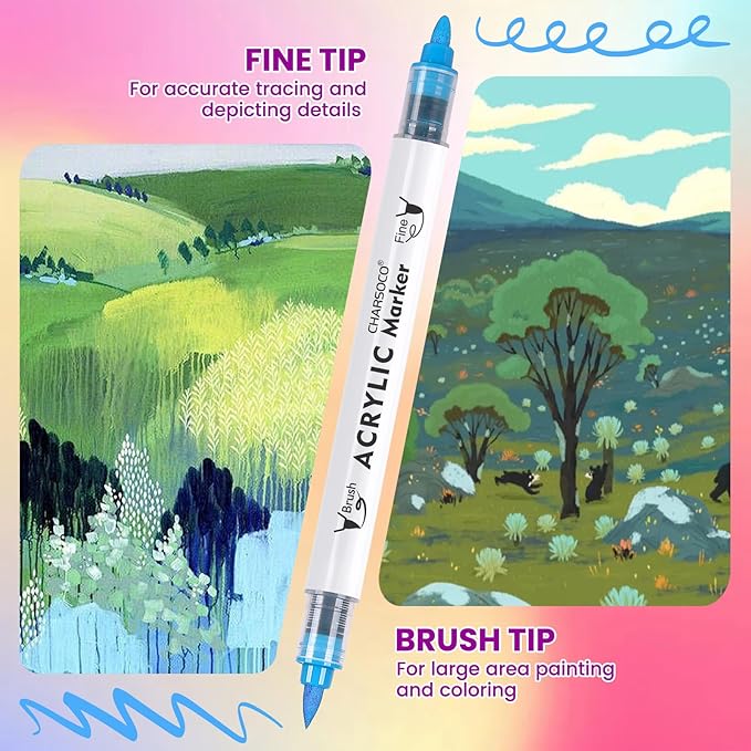 Acrylic Paint Markers, 24 Colors Dual Tip Acrylic Paint Pens, Water-Based No-Bleed Markers with Automatic Ink Control System, Bullet & Brush Tip, Works on Paper, Wood, Ceramic, Rock,813-24pcs