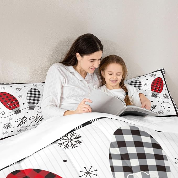 Merry Christmas Kids Comforter Set Twin Size,Geometric Grids Stylish Bedding,Girls Boys Adults Bedroom/Xmas Cabin Decor,Snowflake Bells Down Comforter,Rustic Farmhouse Duvet Insert,1 Pillowcase