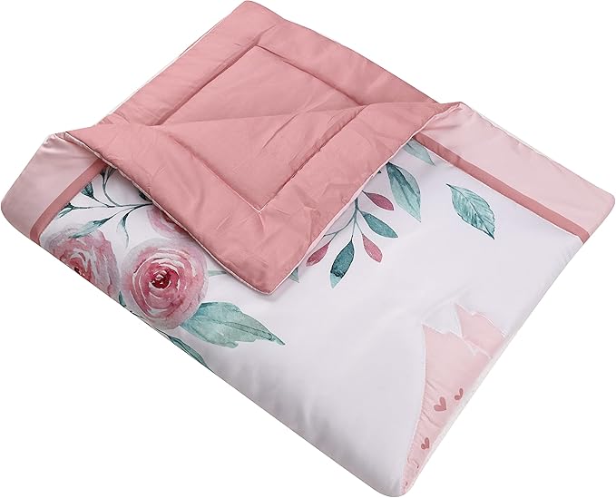 Hanbear 4 PCs Pink Floral Swan Theme Nursery Crib Bedding Set 1 Quilt 2 Fitted Sheet 1 Skirt Baby Girl Swan Themed Princess Girl Bedding Set, 28 x 52
