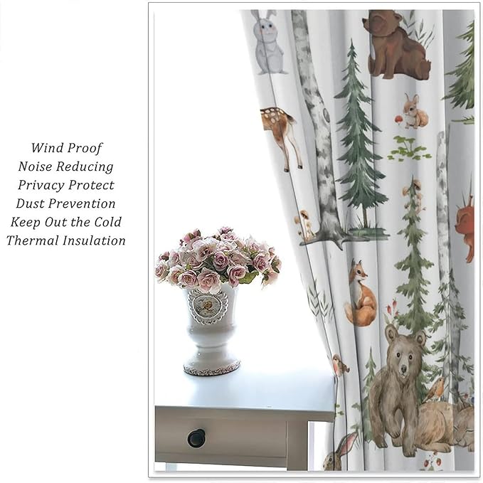 Animal Kids Curtains, Woodland Squirrel Rabbit Bear Animal Friends Forest Curtains for Boys and Girls Bedroom Living Room Kitchen 42x45 Inch