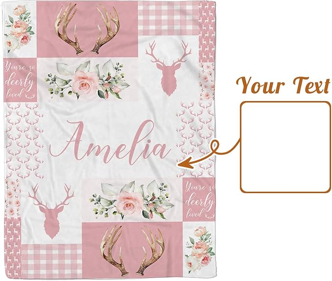 Personalized Baby Blanket with Name, Custom Pink Woodland Deer Blanket for Kids, Soft Flannel Bed Throw Blanket Swaddle for Newborn, Customizable Baby Gift & Nursery Blanket(60" x80)
