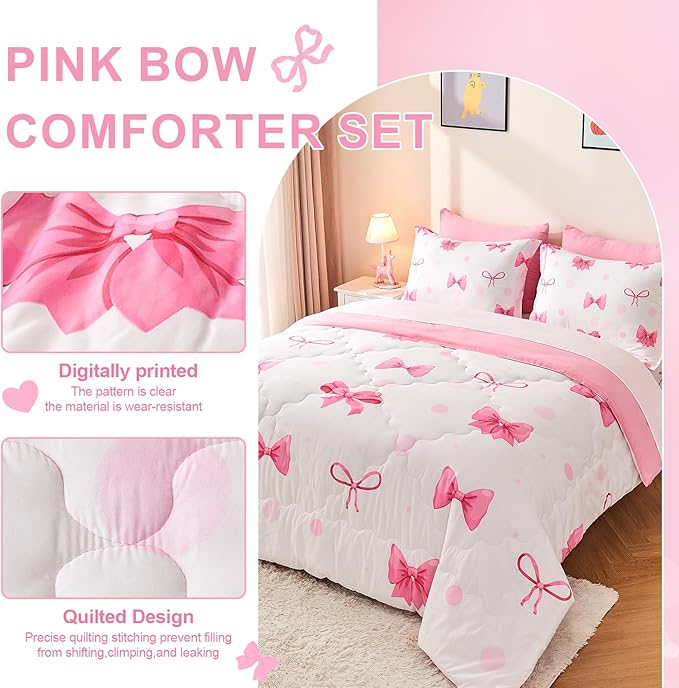 Wajade 7 Piece Pink Bow Bedding Set for Girls Kids Full Size Comforter Set with Sheet and 2 Pillowcases 2 Pillow Shams Cute Girls Bed in a Bag as Birthday Choice