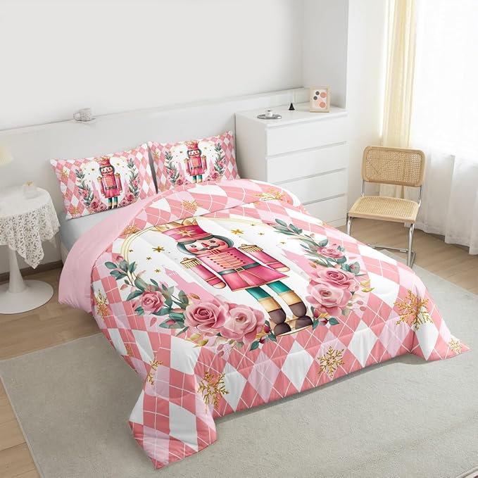 Feelyou Christmas Comforter Set Full Size Pink Nutcrackers Bedding Set for Kids Boys Girls Rhombus Pattern Duvet Quilt Floral Bedroom Decor Snowflake Microfiber 3 Pcs with 2 Pillow Cases