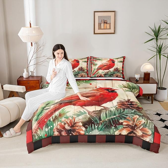 jejeloiu Kids Red Cardinal Comforter Set King Size Christmas Red Black Plaid Bedding Set for Boys Girls Teens Xmas Birds Winter Rustic Wood Plank Animal Duvet Quilt Room Decor