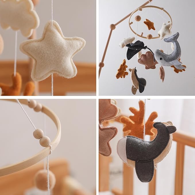 Baby Crib Mobile - Cartoon Toys Hangable Marine Animal Decoration for Nursery, Durable Soft Design with Rotating Bell, Baby Bed Ornament for Bassinet, Boys, Girls, Bedroom, Crib, 12x12x8 Inches