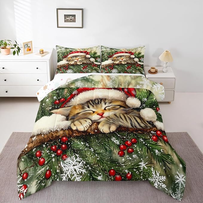 Xmas Cat Kids Bedding Set Queen Size,Snowflake Holly Berries Winter Comforter Set,Merry Christmas Poinsettia Animal Quilt Comforter,Green Yellow Bedroom Duvet Insert,2 Pillowcases