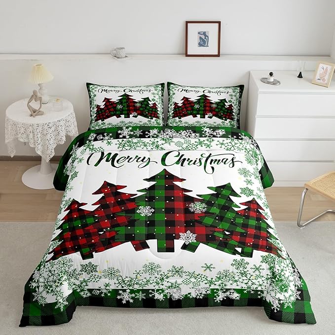 Castle Fairy Christmas Comforter Set King Size,Pine Trees Green Snowflake Glitter Shiny Bedding Set All Season Quilt Set,Winter Festival Plaid Checkered Microfiber Polyester Down Comforter