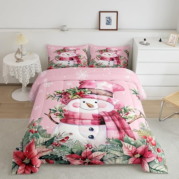 Manfei Xmas Snowman Comforter Set Twin Size, Leaves Flower Snowflake Down Comforter with 1 Pillowcase, Christmas Pink Bedding Set 2pcs for Kids Boys Girls Room Decor Lightweight Duvet Insert