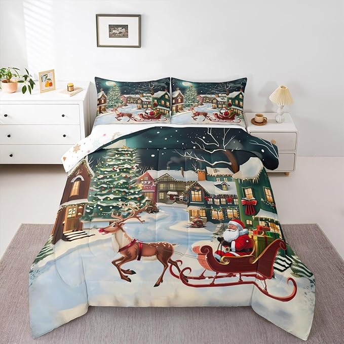 Feelyou Christmas Kids Comforter Set Queen Size Santa Claus Bedding Set Reindeer Sled Duvet Quilt for Kids Boys Girls Bedroom Xmas Tree Decor Microfiber Ultra Soft Breathable