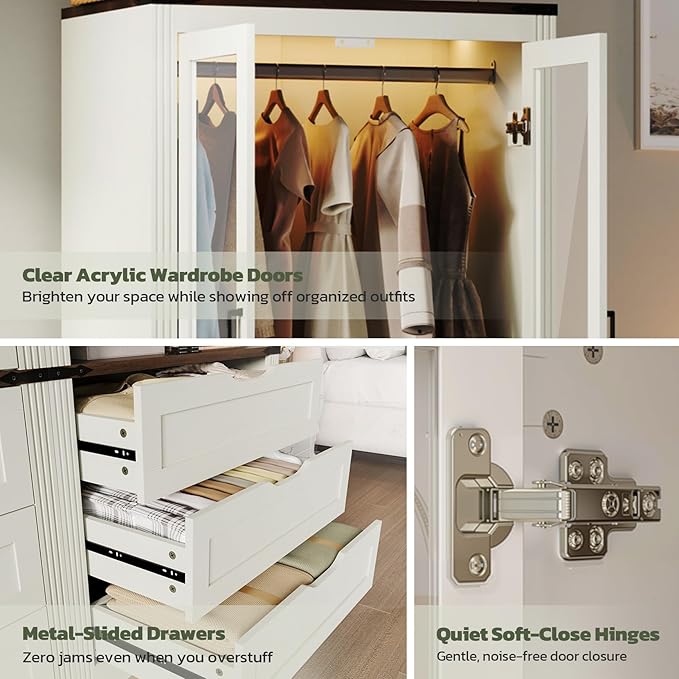 Concho 73'' Tall Farmhouse Armoire Wardrobe Closet with LED Light, Wood Wardrobe Closet with 2 Doors 3 Drawers, Freestanding Bedroom Armoire Clothing Storage Cabinet, Antique White