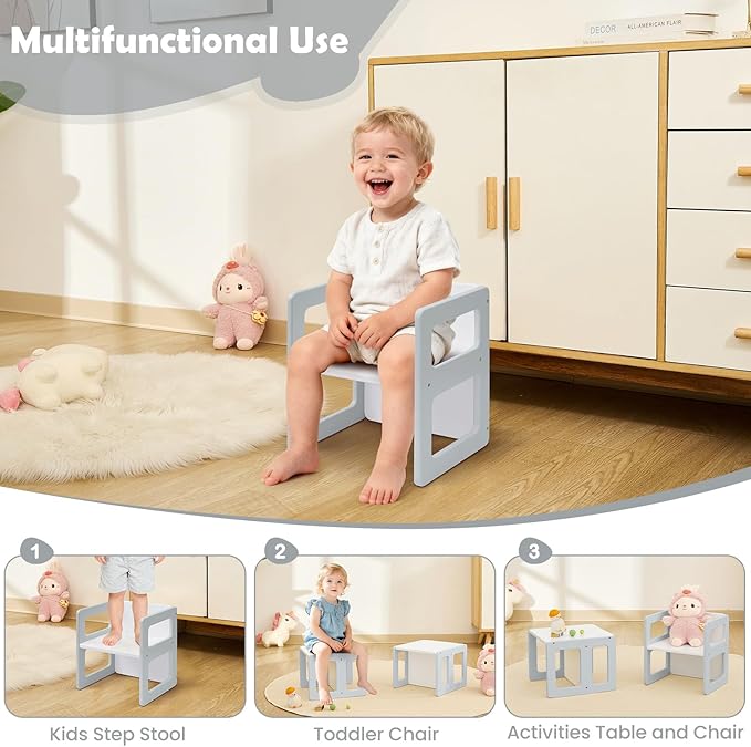 FUNLIO Height Adjustable Montessori Weaning Chair for Age 1-3, Quality Solid Wooden Chair, for Eating/Reading/Playing,Montessori Furniture with CPC Certified - Grey