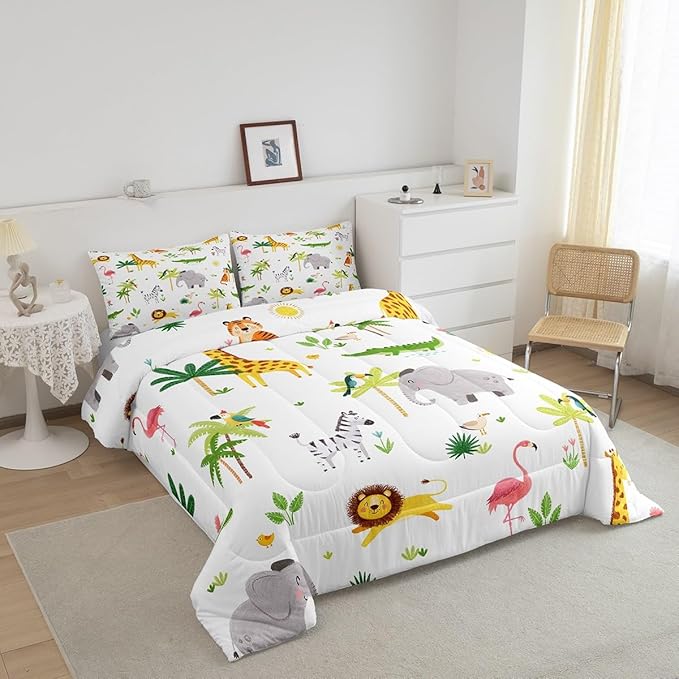 Feelyou Kids Safari Animal Bedding Set Queen, Nursery Baby Boy Cartoon Lion Jungle Comforter Set Woodland Forest Wildlife Comforter for Kids Boys Girls Kawaii Flamingo Duvet Set 3Pcs
