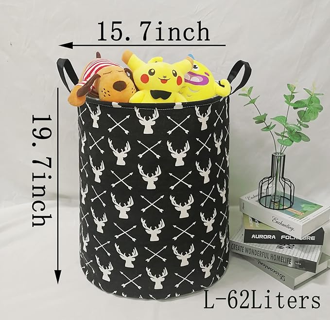 KUNRO Round Laundry Gift Basket Storage Hamper, Kids Toys and Clothes Storage Organizer Bins, Toy Shelf Basket with Handles for Room Decor (Deer)