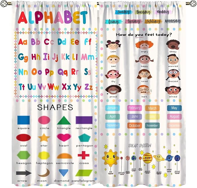 Kids Educational Alphabet Cartoon Curtain Solar System Shapes Cute Knowledge Printed Rod Pocket Blackout Window Drapes for Todders Nursery Baby Bedroom Living Room 72" W X 63" L