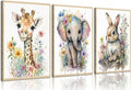 3Pcs Baby Watercolor Safari Animals Nursery Canvas Wall Art Cute Jungle Animals with Wildflower Picture Posters Wall Decor Giraffe Elephant Rabbit Painting Print Artwork for Kids Children Room 12x16in
