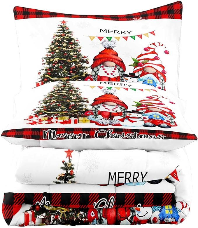 LUVIVIHOME 3PCS Merry Christmas Comforter Set King Size, Funny Gnome Bedding, Red & Black Plaid Snowflake Snowman Xmas Christmas Bedroom Decor for Kids Girls Boys Teens, White Quilt, 2 Pillow Cases