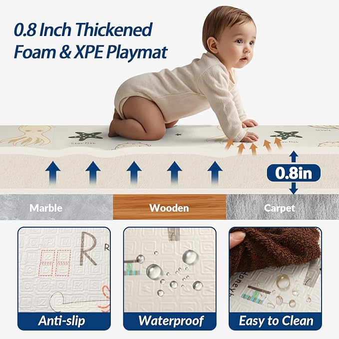 79x71 Baby Play Mat Foldable, Thick 0.8 Inch XPE Foam Waterproof, Extra Large Crawling Mat for Floor Kids Infant Training Non-Slip Reversible