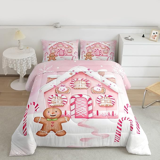 Feelyou Gingerbread Man Comforter Set King Size Gingerbread House Bedding Set for Kids Boys Girls Candy Canes Duvet Quilt Pink Christmas Scheme Bedroom Decor Snowflake 3 Pcs with 2 Pillow Cases