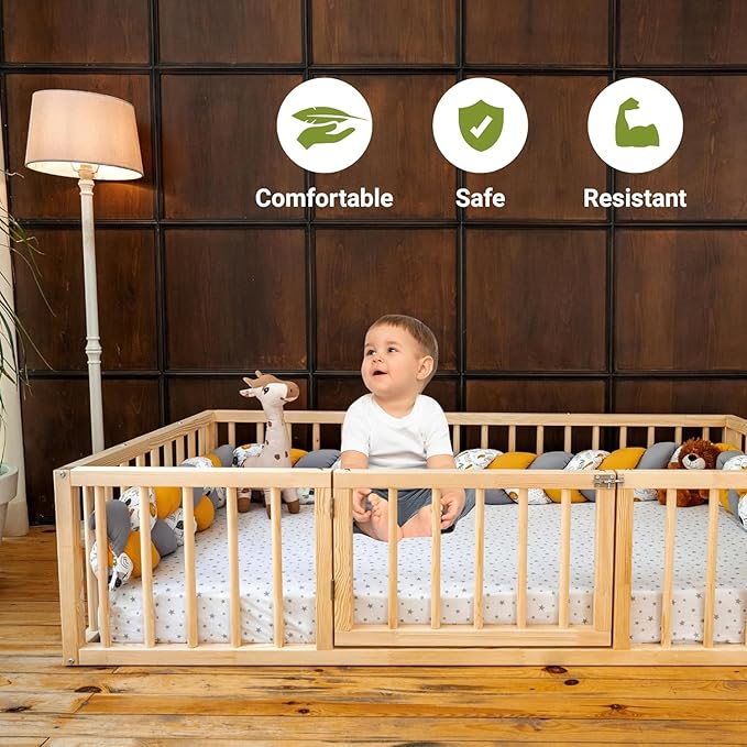 Montessori Floor Bed with Door On The Right Side for Toddler | Pine Wood Natural Solid Frame Beds | Sturdy Modern Design Floor Bed Frame for Boy and Girls (Full, Height: 23.6 Inches)