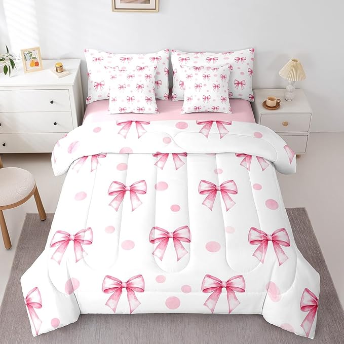 7 Pieces Pink Bow Princess Comforter Queen,Bowknot Geometric Dots Toddler Bedding Set,Butterfly Knot Bow Tie Romantic White Simple（Comforter+Fitted+Flat Sheet+2 Pillowcases+2 Throw Pillow Covers）