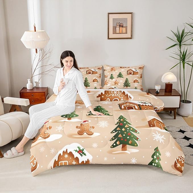 Feelyou Christmas Bedding Set Soft for Boys Girls, Gingerbread Man Comforter Set Toddler Size Snowflake Duvet Quilt Microfiber Xmas Tree Bedroom Decor 2 Pcs with 1 Pillow Cases