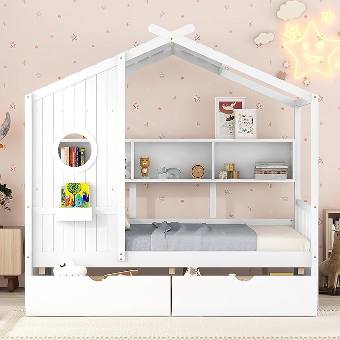 Full Size House Bed with 2 Drawers and Storage Shelf, Playhouse Design Solid Wood Kids Platform Bed Frame for Girls Boys, Decorable Daybed with Sturdy Slats Support, Space-Saving (AF-White)