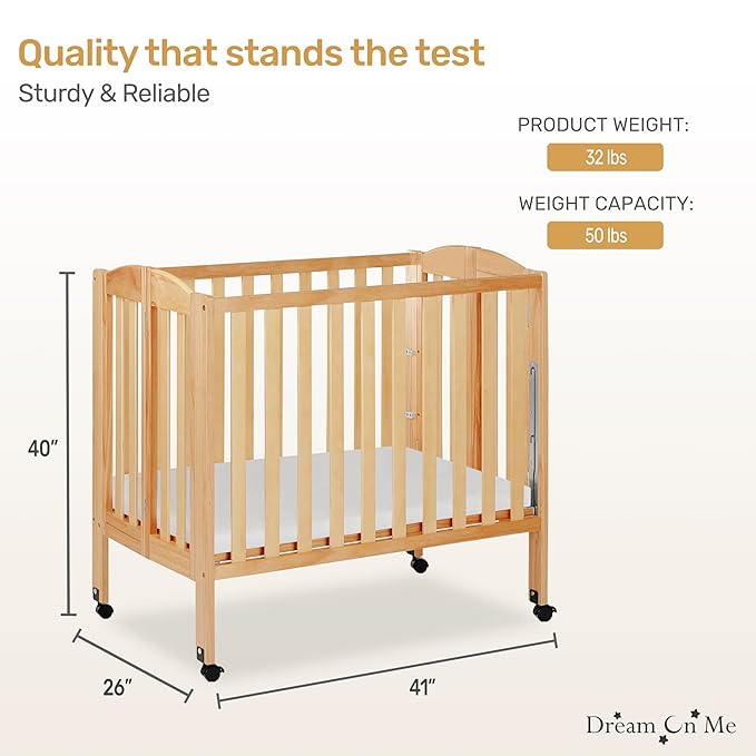 Dream On Me 3-in-1 Portable Folding Stationary Side Mini Baby Crib in Natural & Mattress, GreenGuard Gold & JPMA, Use as Changer & Playpen, Locking Wheels, 3 Mattress Heights, Extra Firm Mattress