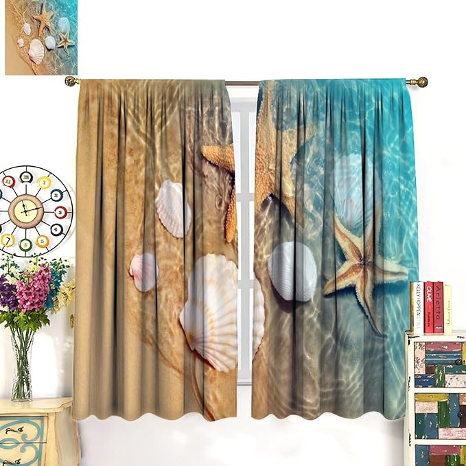 Beach Curtain for Bathroom Decor，Sea Turtle Starfish Seashell Nautical Ocean Coastal Scenery Art Printed Fabric Polyester Waterproof Set 2 Panels,84x84 Inches
