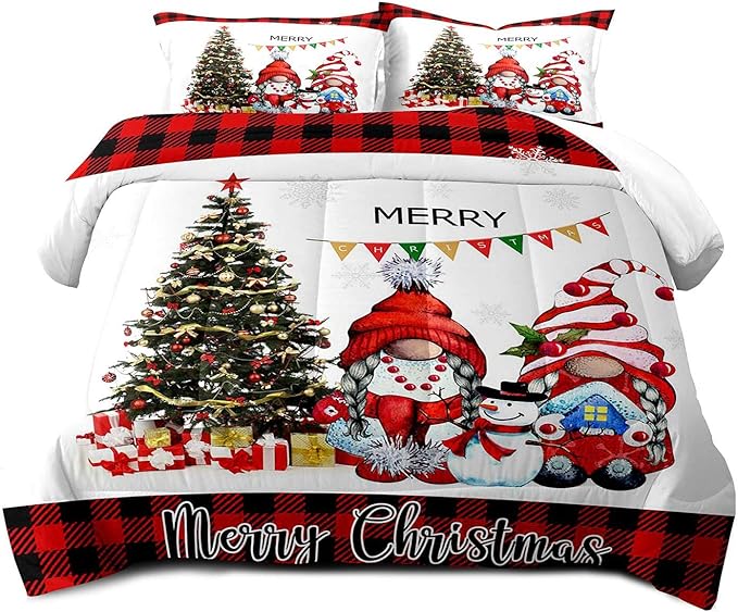 LUVIVIHOME 2PCS Merry Christmas Comforter Set Twin Size, Funny Cute Gnome Bedding, Red & Black Plaid Snowflake Snowman Xmas Christmas Bedroom Decor for Kids Girls Boys Teens White Quilt, 1 Pillow Case