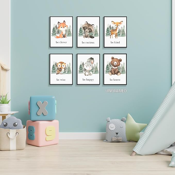gooptyinh Woodland Nursery Animal Canvas Wall Art, 6 Piece Inspirational Forest Animals Print Posters, Motivational Quotes Cute Bear Fox Rabbit Deer Raccoon Owl Decor for Baby Bedroom 12x16in Unframed