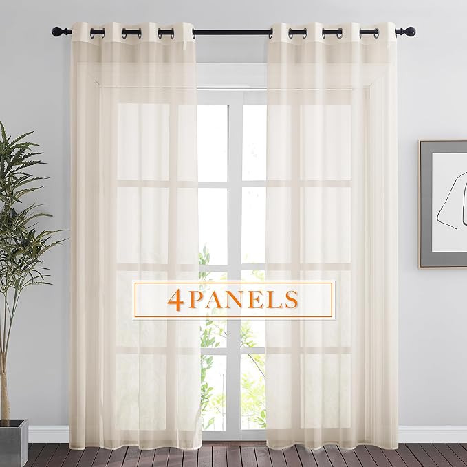 RYB HOME Sheer Curtains 84 Inches Long for Living Room, Light Filtering Grommet Top Solid Color Sheer Window Panels, Lightweight Elegant Curtains for Bedroom, Office, Khaki, W54 x L84, 4 Pieces