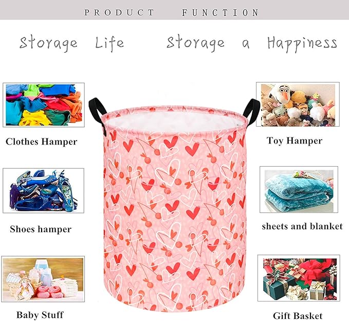 KUNRO Round Valentine's Laundry Gift Basket Storage Hamper, Kids Toys and Clothes Storage Organizer Bins, Toy Shelf Basket with Handles for Room Decor