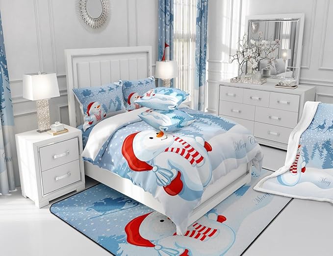 Manfei Snowman Duvet Cover Set Queen Size, Xmas Deer Trees Print Comforter Cover with 2 Pillowcases, Winter Snowflake Merry Christmas Bedding Set 3pcs for Kids Boys Girls Bedroom Decor,No Comforter