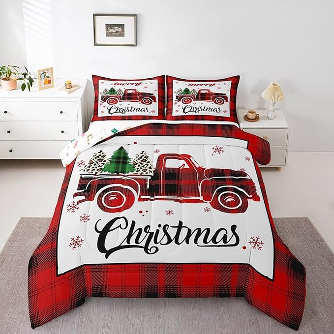 Manfei Xmas Truck Comforter Set Twin Size, Christmas Tree Snowflake Print Bedding Set 2pcs for Kids Boys Girls Bedroom Decor, New Year Theme Red Plaid Print Quilt Set with 1 Pillowcase