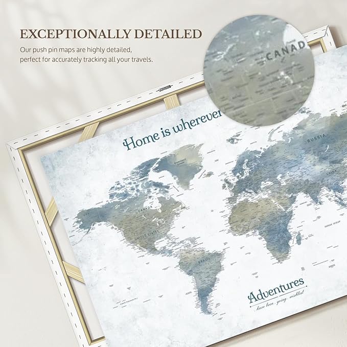 ElephantStock - Home With You II Push Pin World Map Wall Art - Horizontal Canvas Wall Art - Living Room Wall Decor - Digital Art Map Canvas Art - Blue And Gray Decor - 30" x 20"