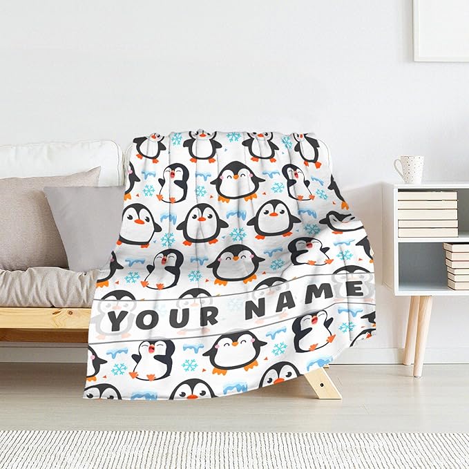 Custom Penguin Throw Blanket Gifts for Kids - 30" x 40" Inches Cute Penguin Blankets for Girls - White Soft Fuzzy Throws for Sofa, Lap & Office