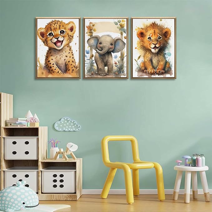 3Pcs Baby Safari Animal Wall Art Jungle Watercolor Animal Wall Decor Picture Painting Nursery Poster Prints Artwork for Boy Girl Room Home Decoration Unframed 12x16 In