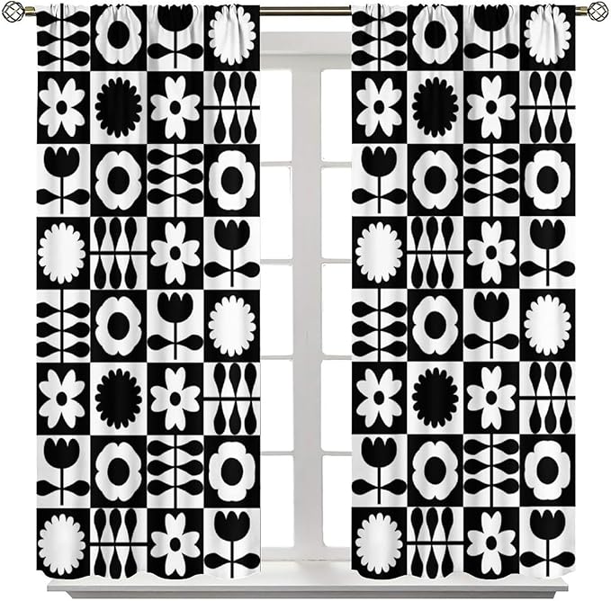 Mid Century Geometric Floral Curtains, Vintage 70s Window Treatments, Black and White, 42" W x 54" L, 2 Panels, Indoor, Boho Style