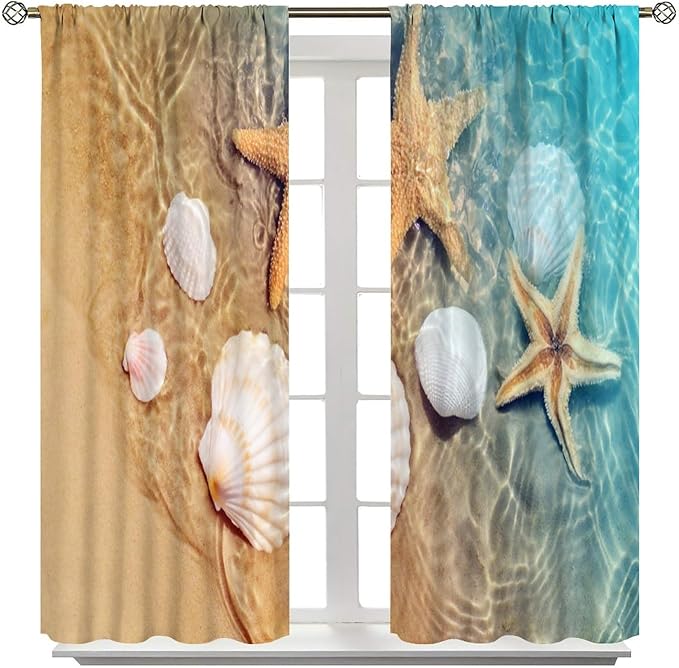Beach Curtain for Bathroom Decor，Sea Turtle Starfish Seashell Nautical Ocean Coastal Scenery Art Printed Fabric Polyester Waterproof Set 2 Panels,63x72 Inches