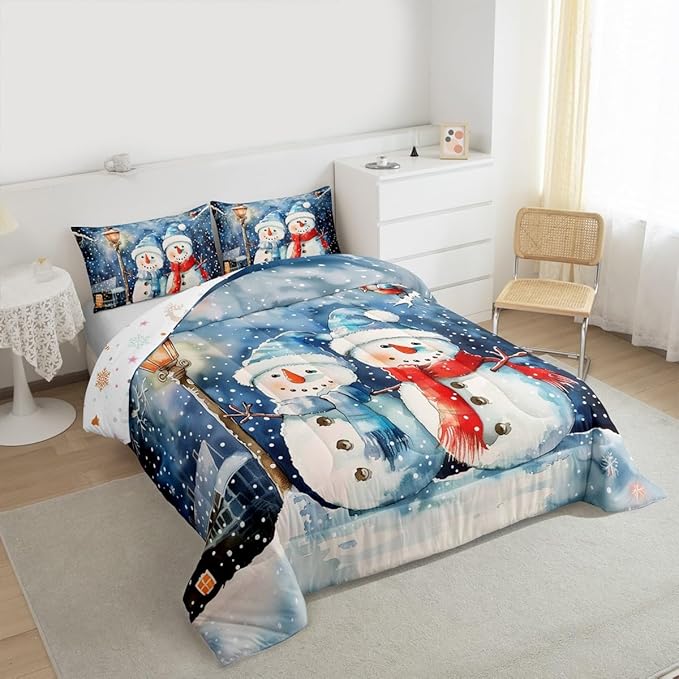 Feelyou Christmas Kids Comforter Set Toddler Size Blue Watercolor Snowman Bedding Set Xmas Winter Duvet Quilt for Kids Boys Girls Bedroom Snowflake Decor Microfiber Ultra Soft Breathable