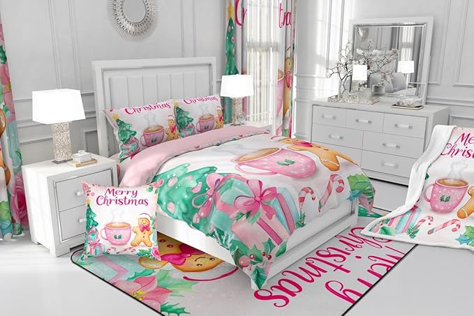 Feelyou Merry Christmas Bedding Set Soft for Boys Girls, Christmas Decor Comforter Set King Size Gingerbread Man Duvet Quilt Microfiber Xmas Bedroom Decor 3 Pcs with 2 Pillow Cases