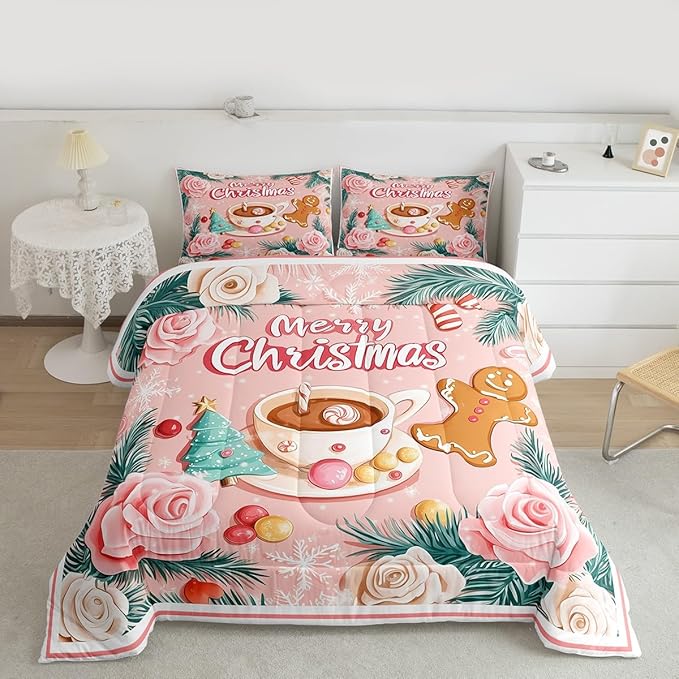 Feelyou Christmas Tree Comforter Set All Season Gingerbread Man Bedding Set with 1 Pillow Cases Merry Christmas Microfiber Kids Twin Bedclothes Xmas Bedroom Decor Duvet Quilt Soft Lightweight