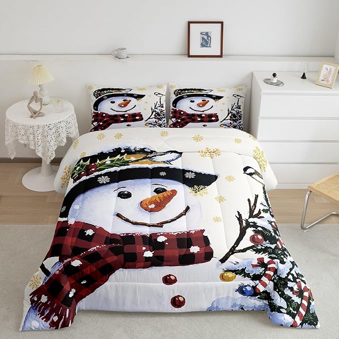 Feelyou Kids Christmas Theme Decorations Bedding Set Xmas Snowman Comforter Set for Boys Girls Snowflake Kawaii Cute Beige Golden Bedroom Collection King Size