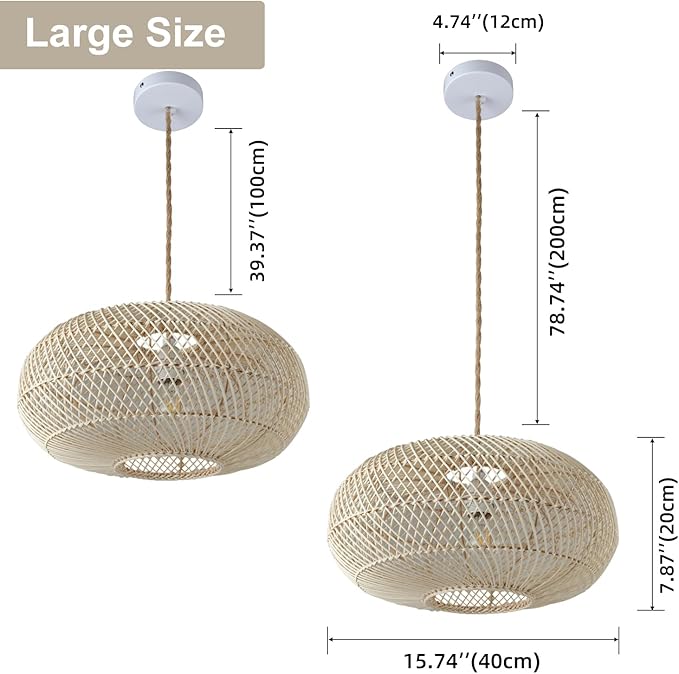 Rattan Pendant Light 16" 1-Light Hand-Woven Rattan Hanging Light，Wicker Woven Basket Chandelier，Modern Bohemian Pendant Lamp for Kitchen Island Foyer Farmhouse Porch