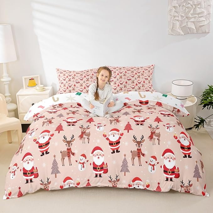 Christmas Kids Bedding Set Santa Claus Bedding Duvet Cover Set for Boys Girls Christmas Tree Deer Decor Comforter Cover Set Snowflake Xmas Theme Bedspread Cover Bedroom Quilt Cover 3Pcs King Size